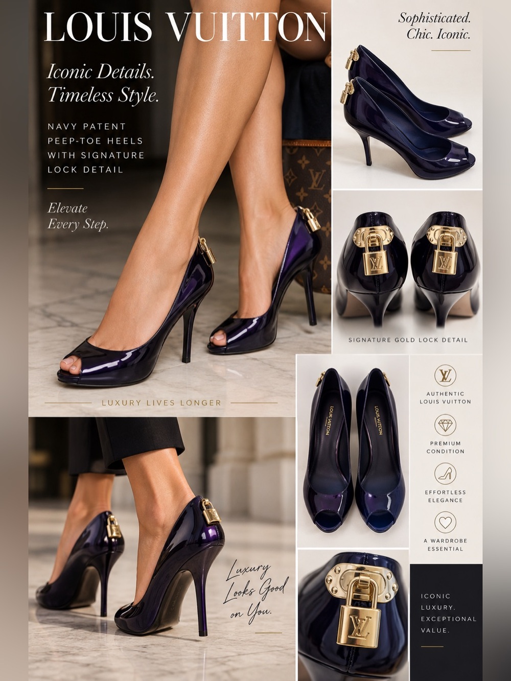 Louis Vuitton Navy Patent Peep-Toe Heels